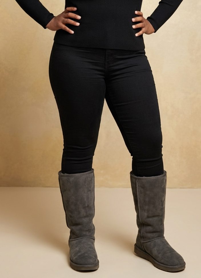 Stylish African American model wearing a fitted black turtleneck, black jeggings, and gray sheepskin boots.