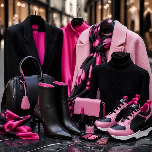 An arrangement of fashionable clothing and accessories featuring shades of pink and black. Items include a black blazer, pink blouse, floral scarf, black turtleneck, pink coat, high-heeled boots, a handbag, a pink lipstick, and sporty pink and black sneakers.