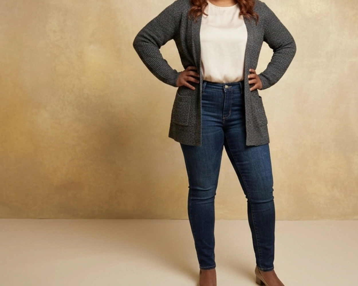 Stylish model wearing gray cardigan, blouse, and dark blue skinny jeans, brown blocked heel shoes