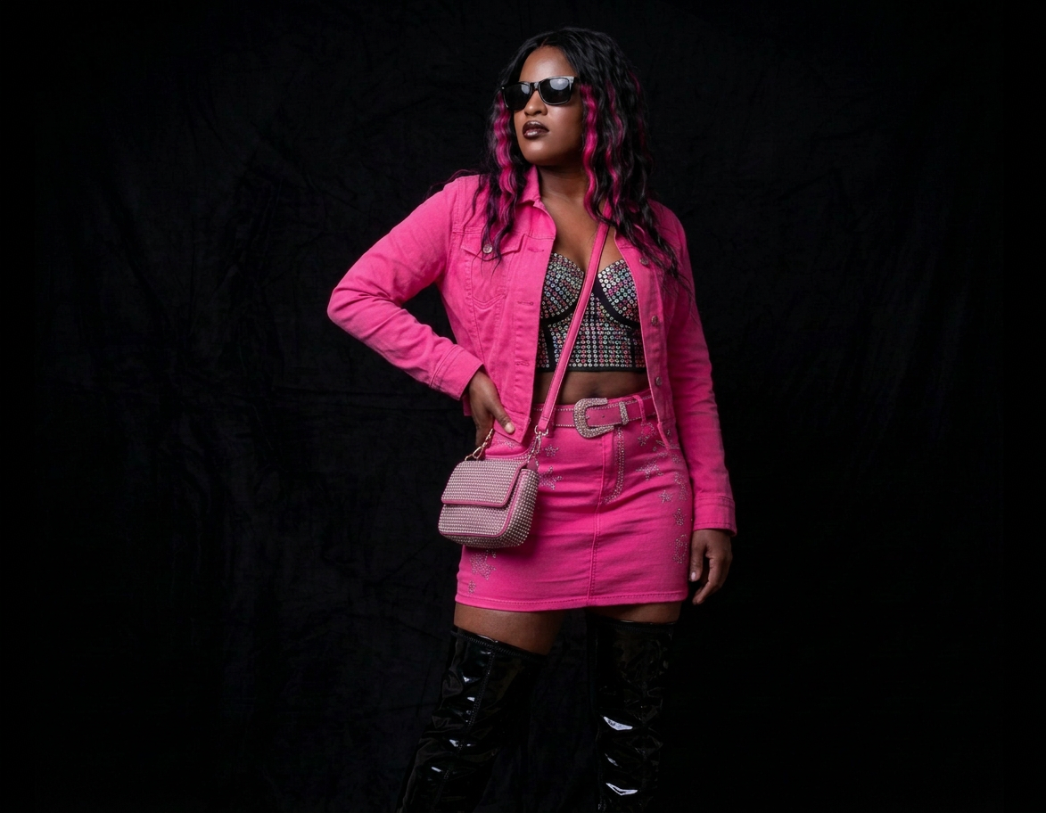 Woman wearing a bright pink outfit, sunglasses, and thigh-high black boots against a dark background