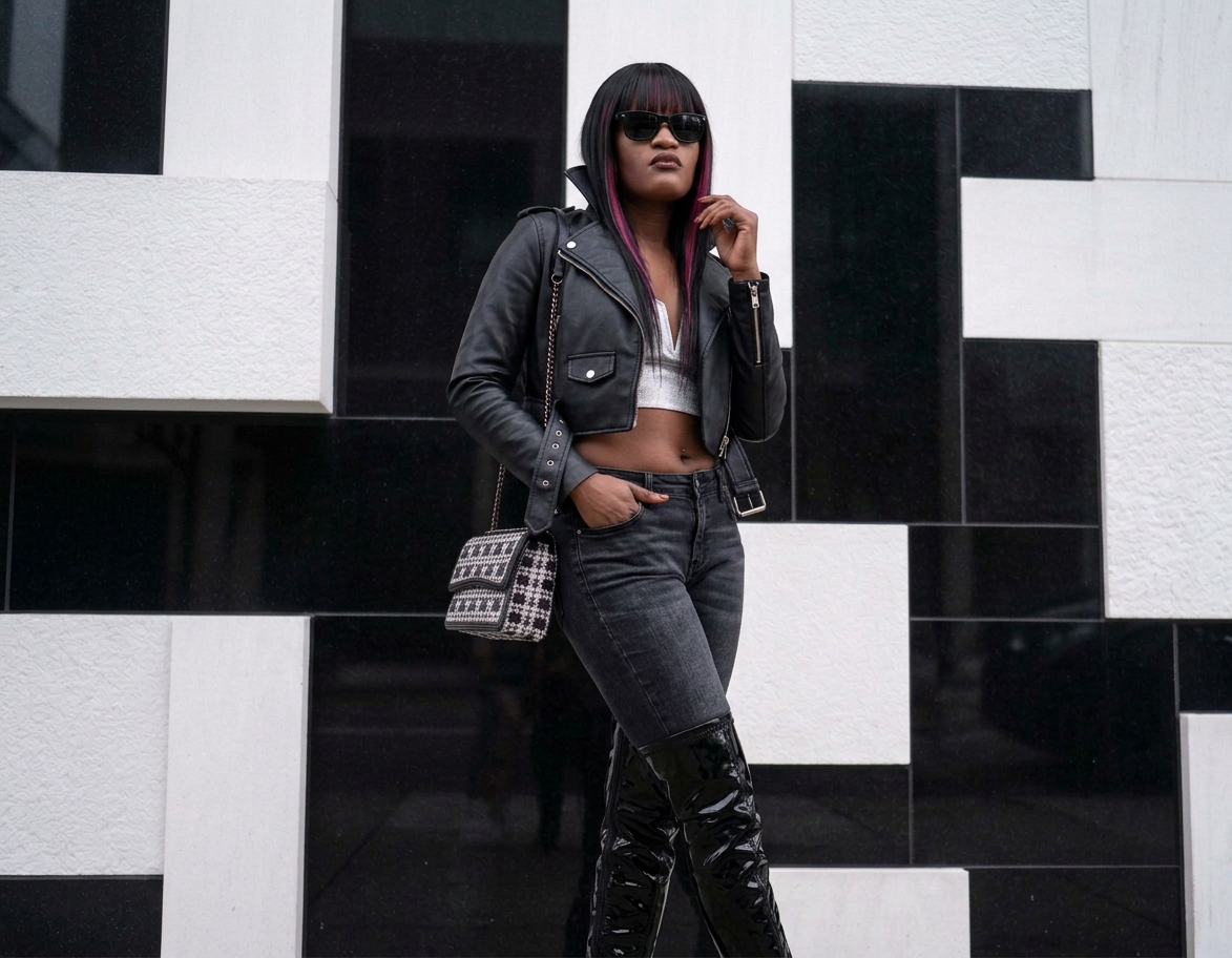 Woman wearing sunglasses, a black leather jacket, jeans, and glossy knee-high boots outdoors