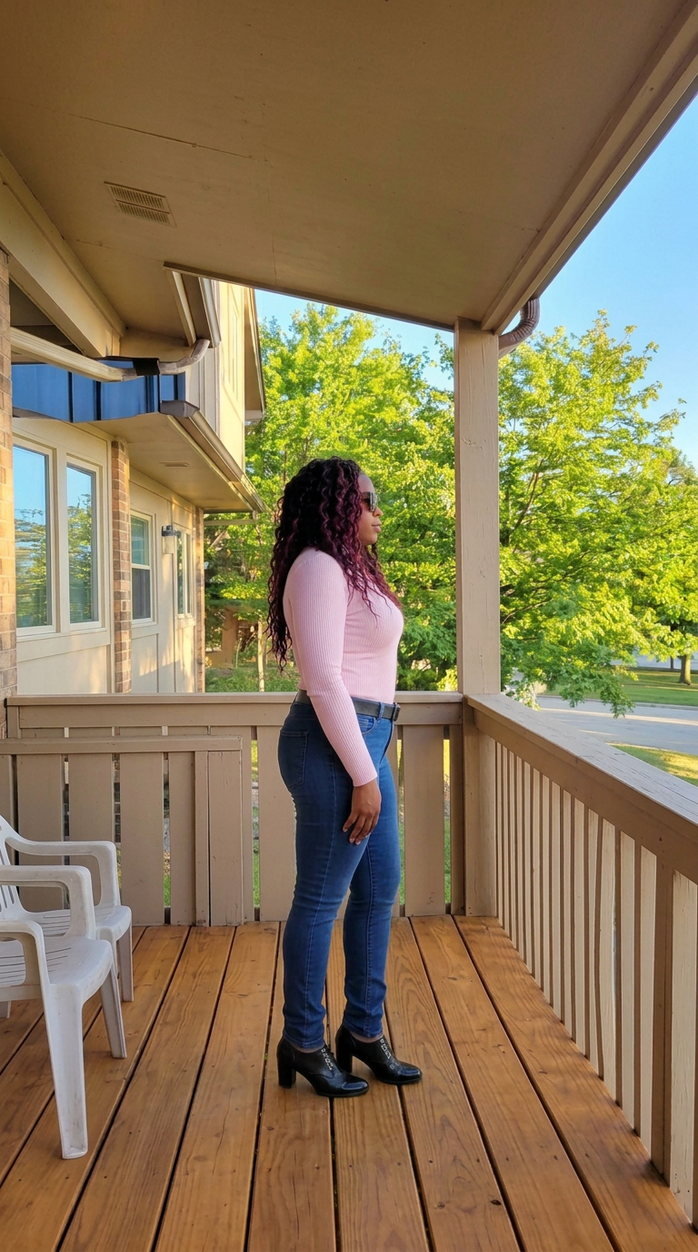 An image of Aisha wearing a pink ribbed sweater, medium wash denim, and black leather shoes.