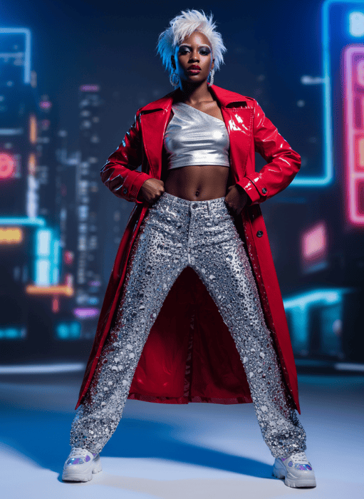 A high-fashion editorial portrait of a 25-year-old African American woman with an over-the-top dramatic Y2K aesthetic. She has a bold smokey eye, deeply arched eyebrows, flawless foundation, and a bold glossy lip. She wears a glossy long trench coat over a stylish crop top, low-rise denim decorated with rhinestones, and thick chunky sneakers. Capture confident attitude, dramatic studio lighting, glossy textures, vivid early-2000s fashion magazine styling, and a polished editorial composition. No text, logos, or watermark.