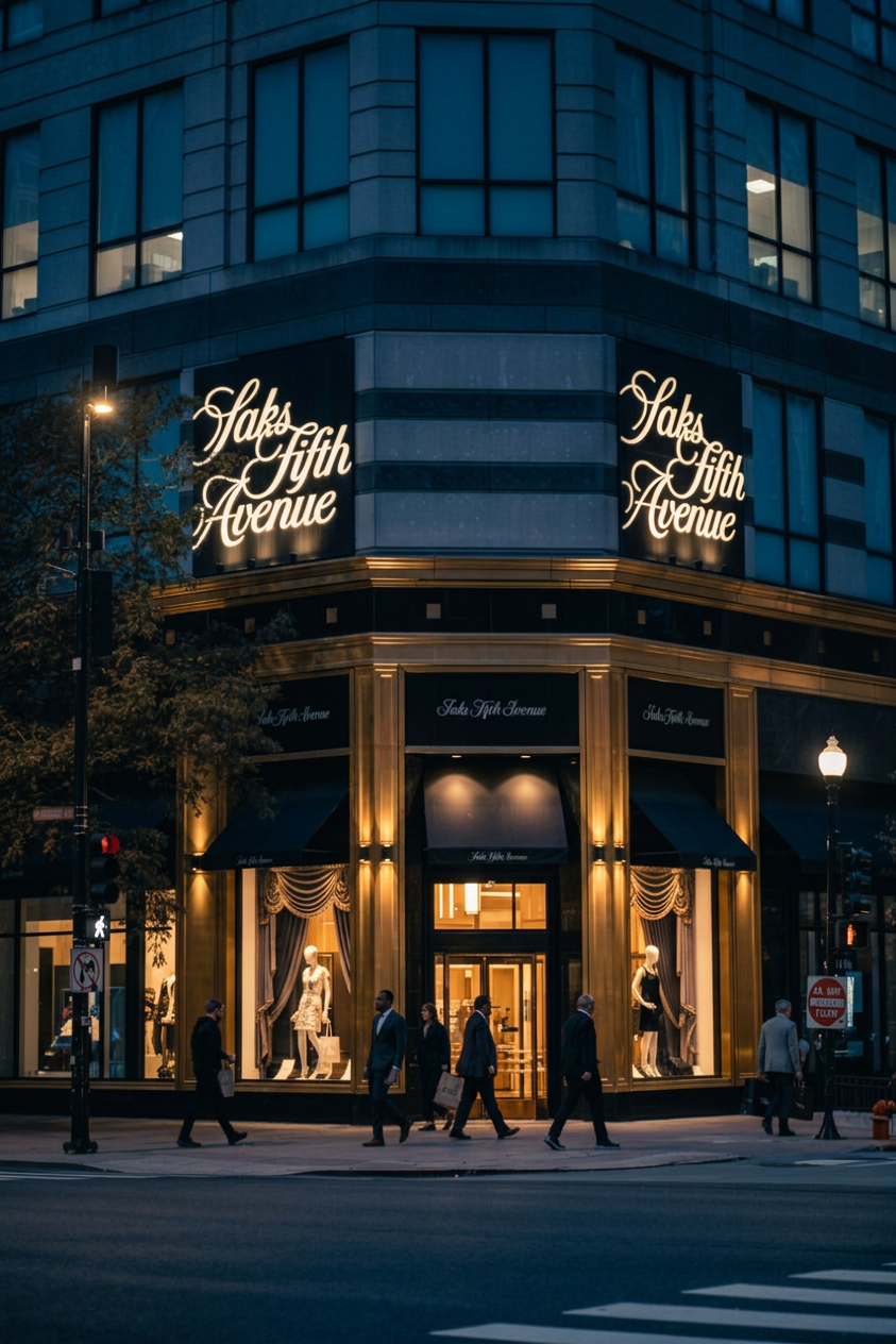 A sharply focused editorial photograph of the Saks Fifth Avenue storefront on Chicago's Magnificent Mile, clearly showing the recognizable grand storefront facade, elegant entrance, luxury shopping atmosphere, pedestrians and street details, warm daylight, polished fashion scrapbook aesthetic, obsidian black and metallic gold accents, no text or logos added beyond naturally visible storefront signage.