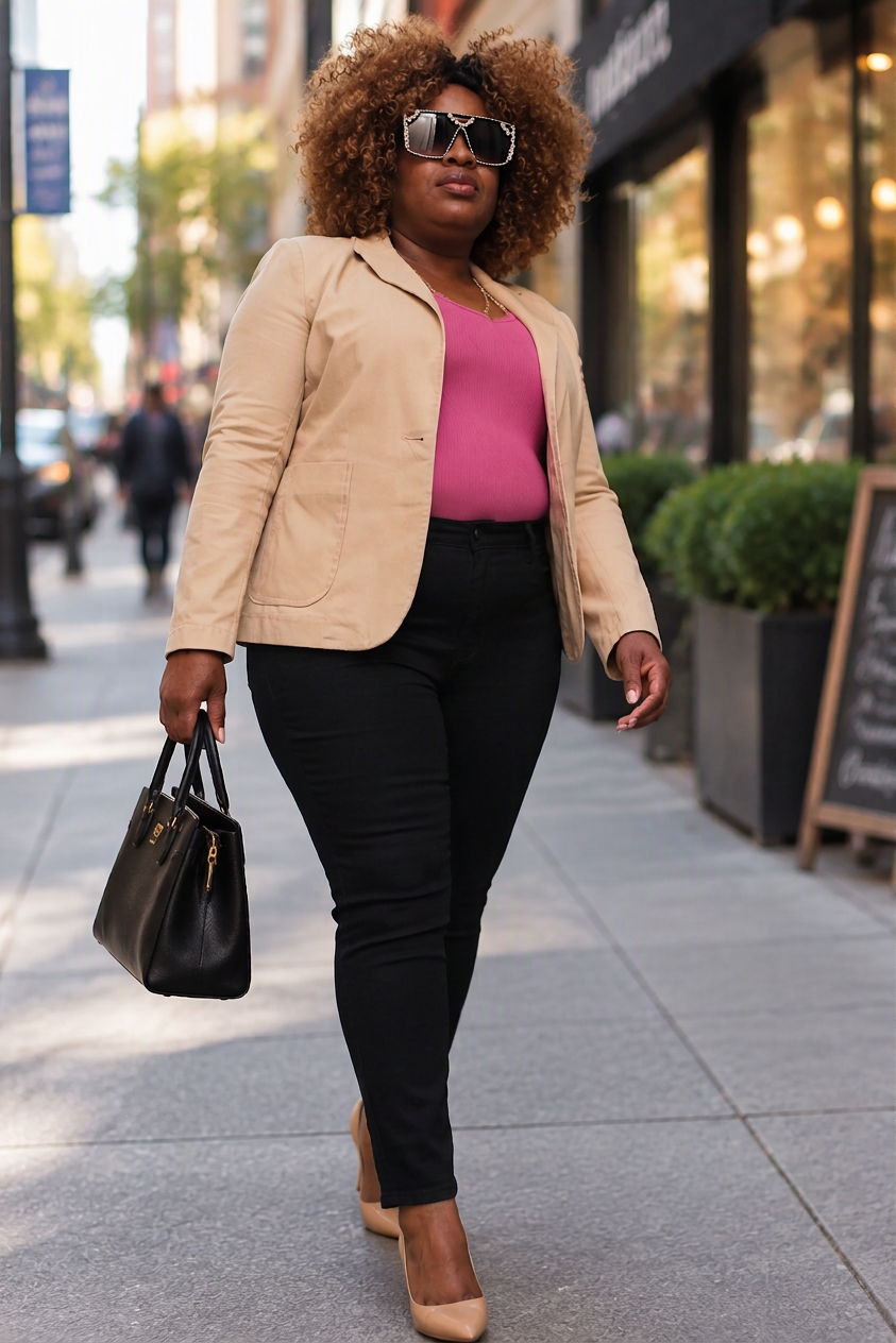 Woman in sunglasses walking along a city sidewalk carrying a black handbag