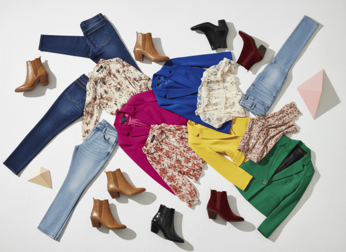 A fun, playful editorial fashion collage featuring adult-presenting women’s fashion items arranged as a stylish flat lay and boutique-inspired display: skinny jeans, bootcut jeans, straight-leg denim, colorful blazers, feminine blouses, and ankle boots. Bright cheerful colors, playful composition, polished fashion-magazine aesthetic, lively but sophisticated, clean background, no text, no logos, no brand names, no teenage models or teen styling.