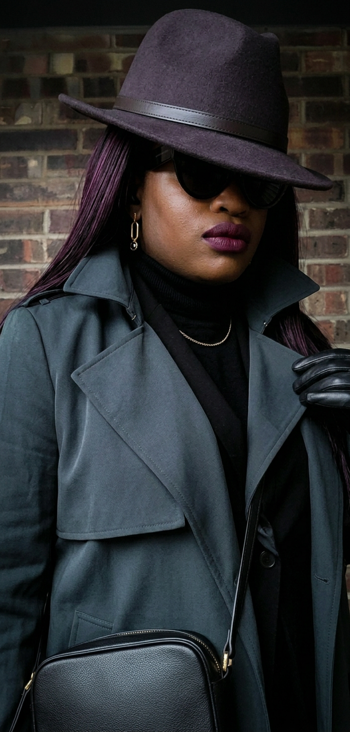 Woman wearing a purple fedora, sunglasses, gray coat, and black crossbody bag