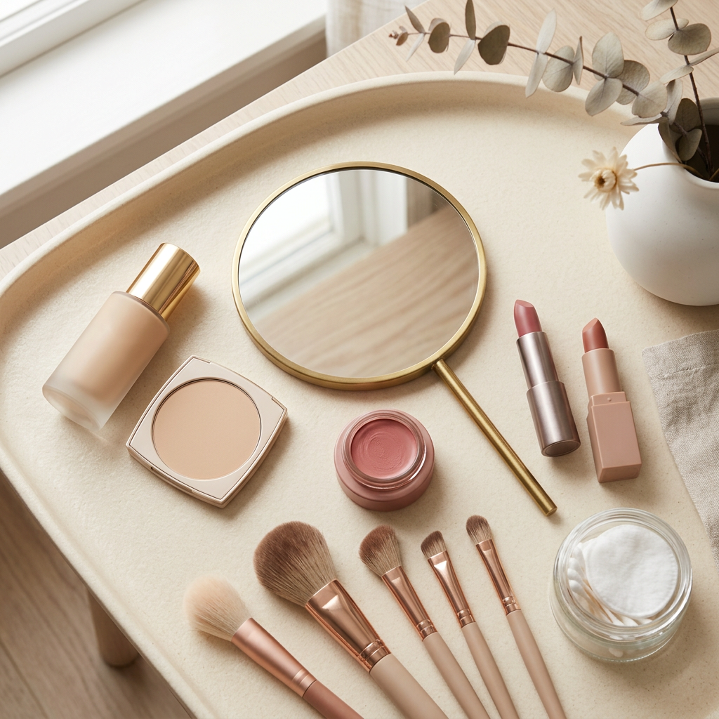 Makeup products, mirror, brushes, lipsticks, and cotton pads on a tray