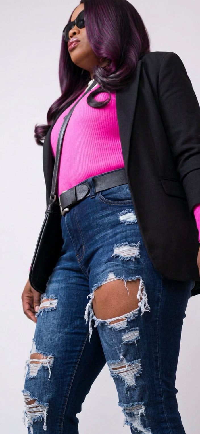 Person wearing sunglasses, a black blazer, pink top, and ripped blue jeans