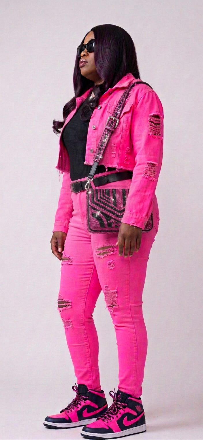 Woman wearing a bright pink distressed denim outfit, sunglasses, and matching high-top sneakers