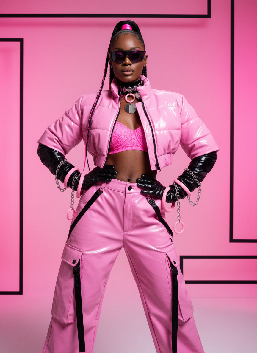 A professional adult African American fashion model wearing a bold, dramatic high-fashion look inspired by late-1990s and Y2K fashion in bubble gum pink, neon hot pink, and obsidian black.