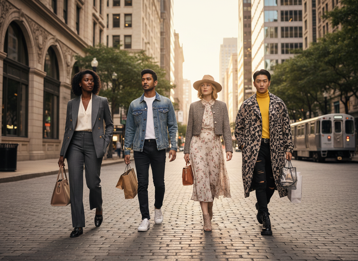 A sophisticated editorial fashion photograph for a blog post titled “Chicago Fashion Finds for Every Personal Style.” Show adult-presenting models with varied personal styles shopping and walking through stylish Chicago streets near classic downtown architecture, wearing polished but distinct looks: tailored workwear, modern casual denim, vintage-inspired pieces, and creative statement fashion. Include subtle Chicago atmosphere and architecture, rich editorial composition, warm natural light, contemporary fashion magazine aesthetic, no text, no logos, no teenagers.