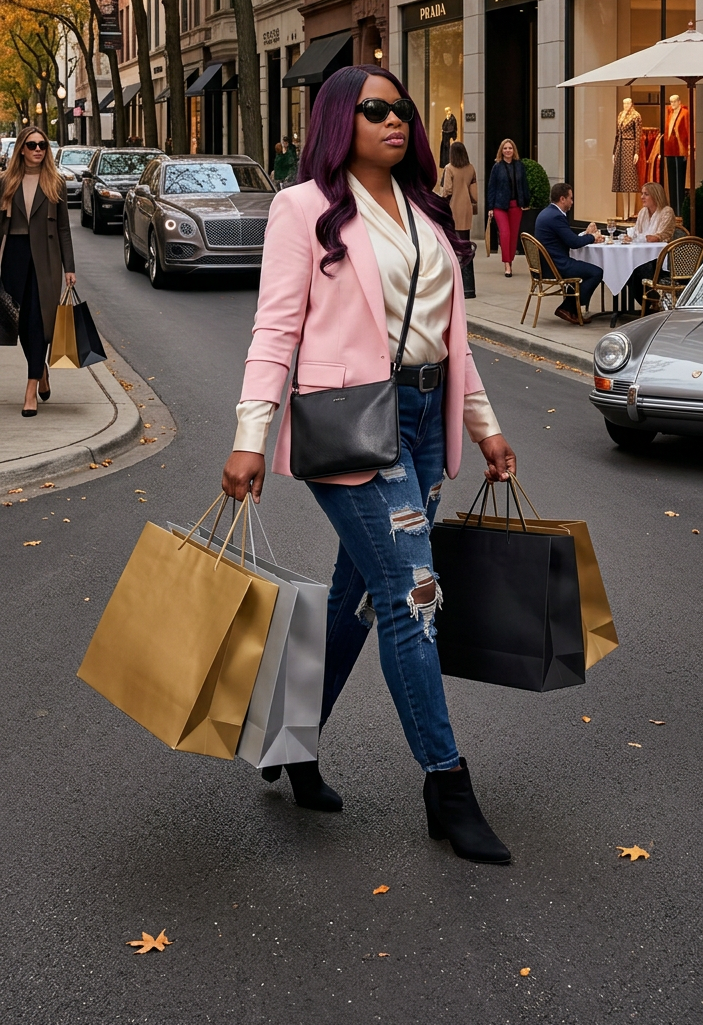 Woman carrying shopping bags on Gold Coast Avenue past luxury boutiques and autumn trees